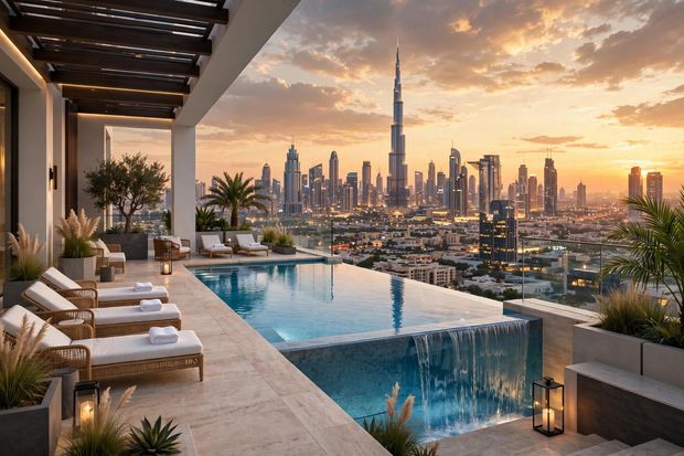 Infinity edge swimming pool overlooking Dubai skyline