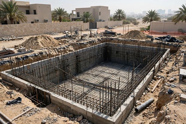 Swimming pool construction in Dubai — reinforced concrete shell with steel framework