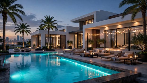 Luxury villa swimming pool in Dubai at dusk