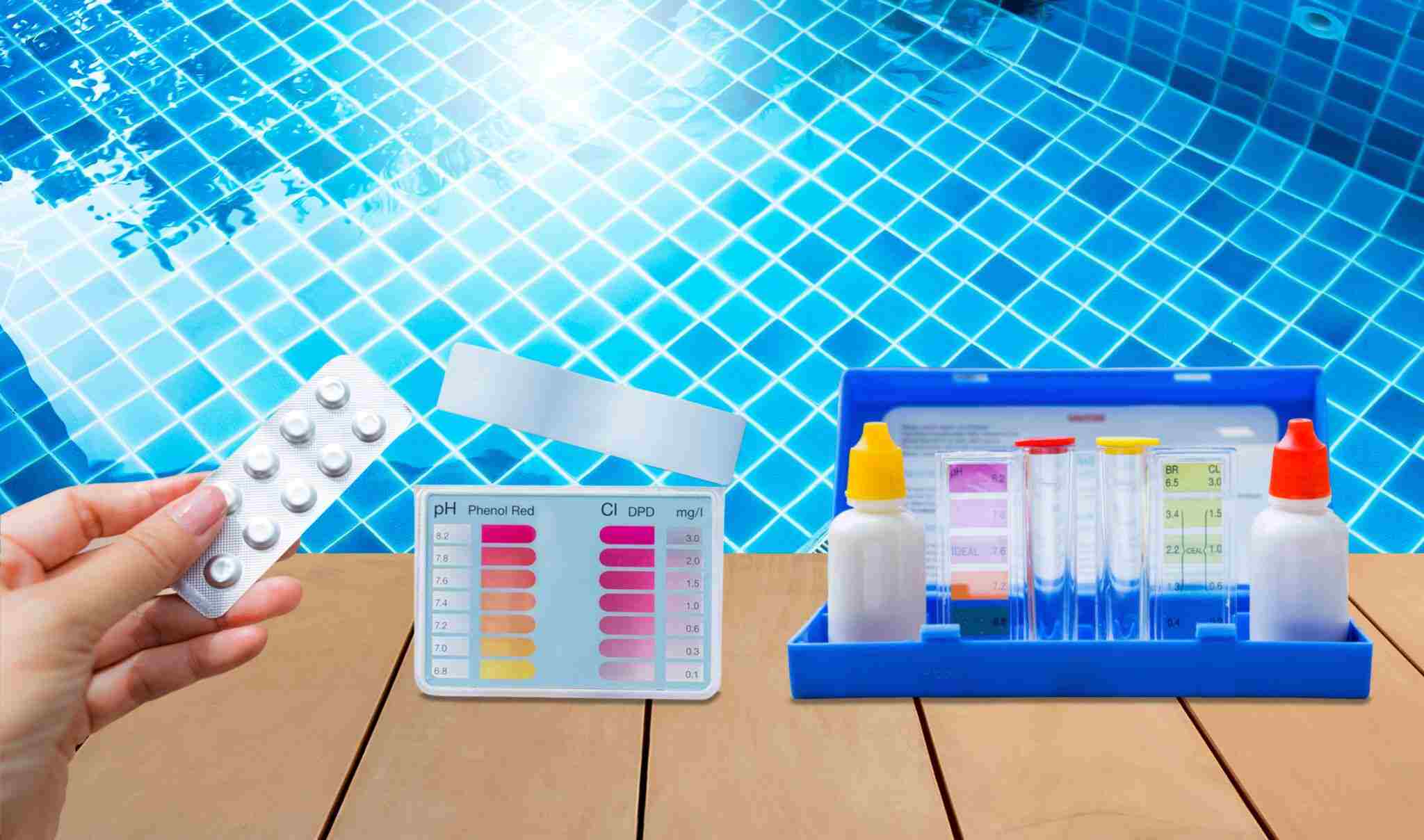 type of water tester test kit over clear swimming pool water